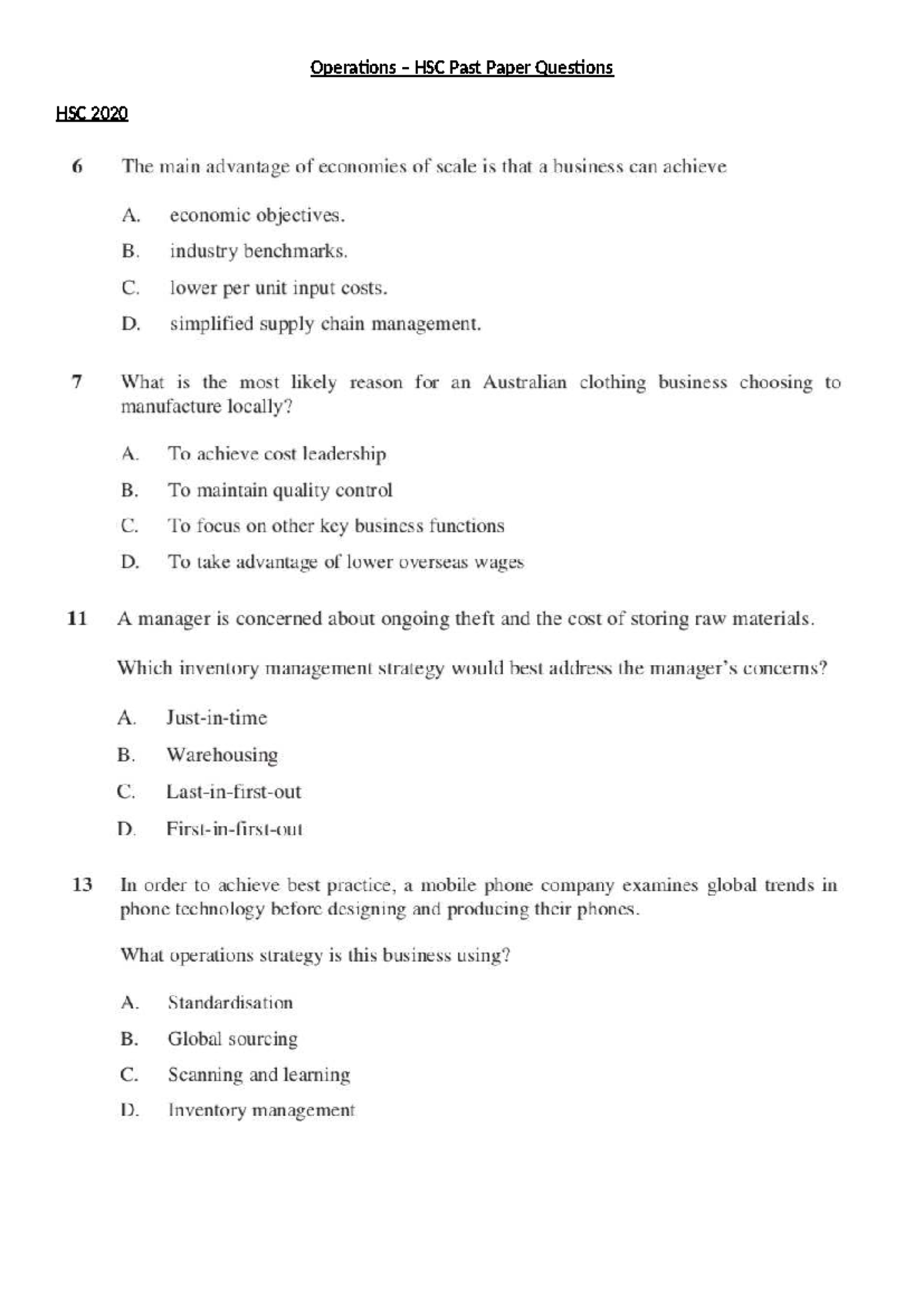 Operations HSC Past Paper Questions (2016-2020) - Studocu