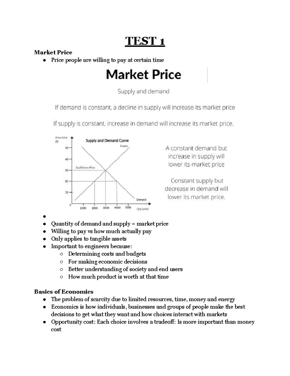 ENG2001 TEST 1 Economics: Market Price, Demand, and Supply Concepts - Document Preview