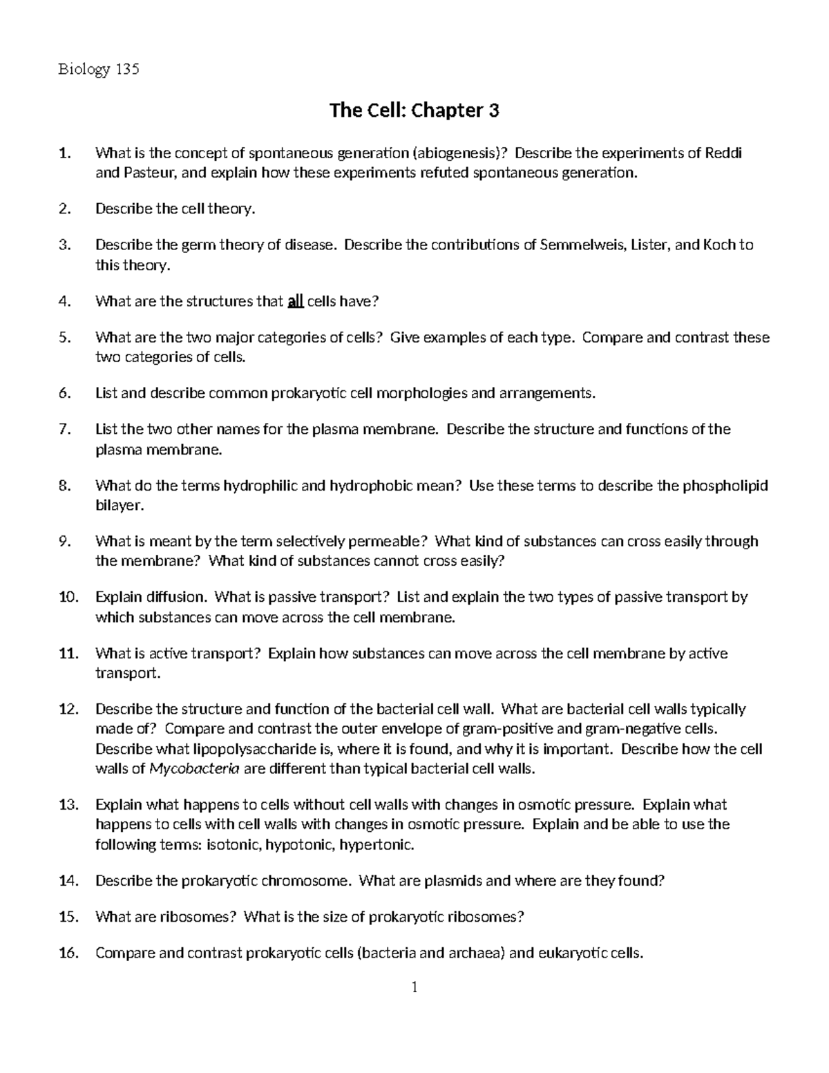 Bio 135 Review Sheets: The Cell - Chapter 3 Overview - Studocu