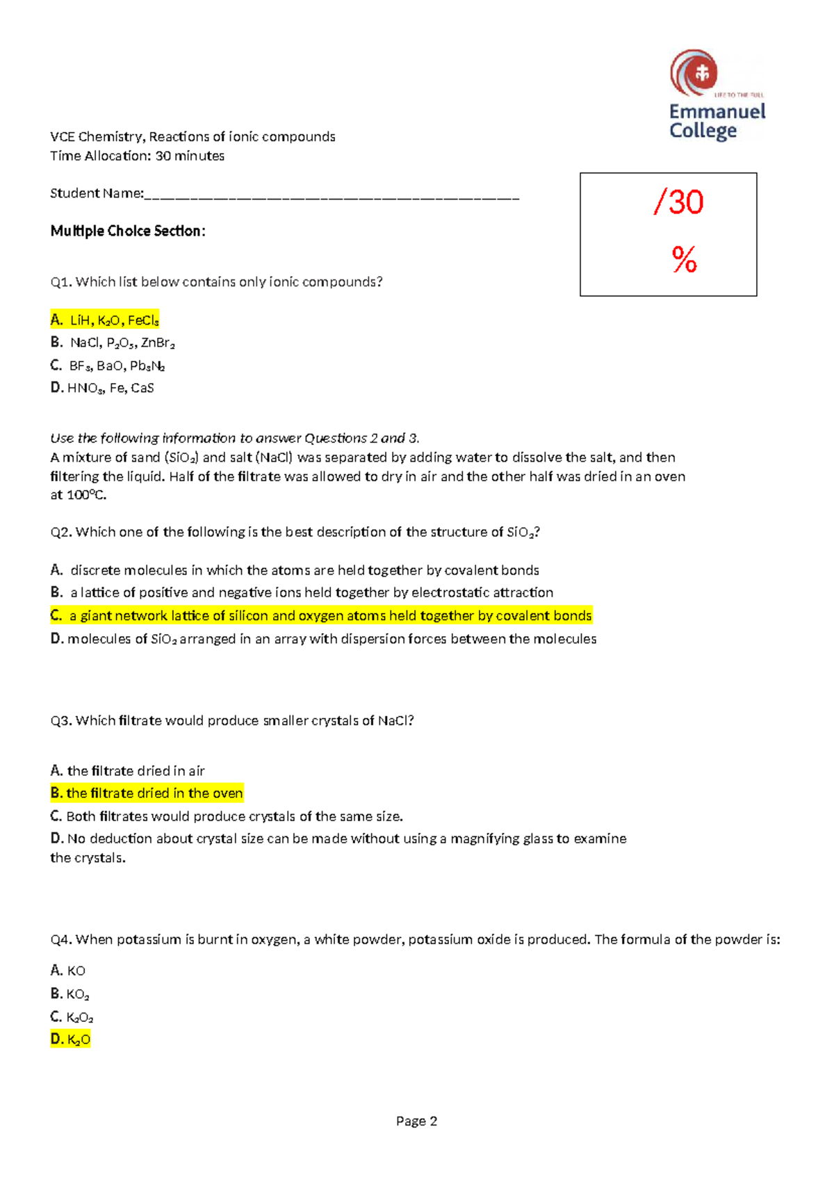 Topic Test VCE Chemistry: Reactions of Ionic Compounds - Studocu
