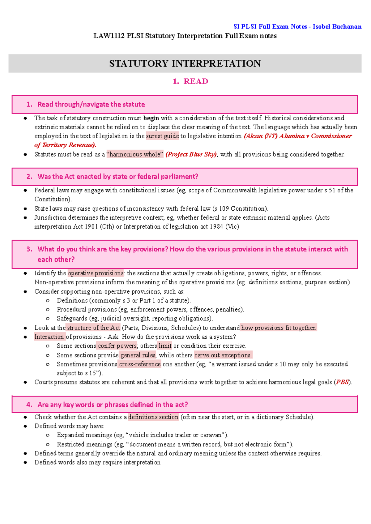 SI LAW1112 Statutory Interpretation Full Exam Notes by Isobel Buchanan ...