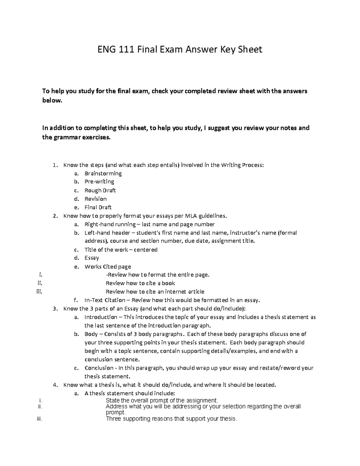 ENG 111 Final Exam Study Guide: Answer Key & Essay Tips - Studocu