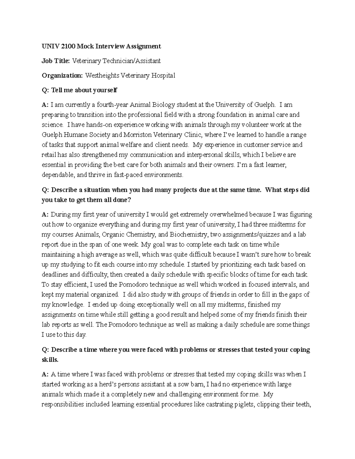 UNIV 2100 Mock Interview Assignment: Insights & Strategies - Studocu