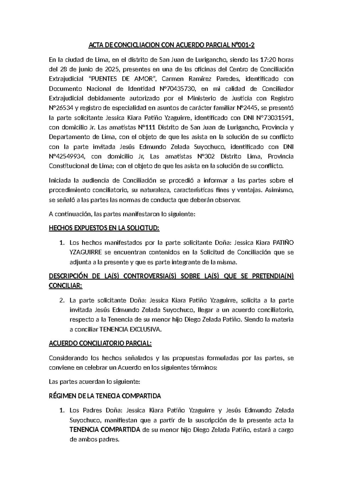 ACTA DE CONCILIACIÓN PARCIAL - TENENCIA COMPARTIDA 2025 - Document Preview