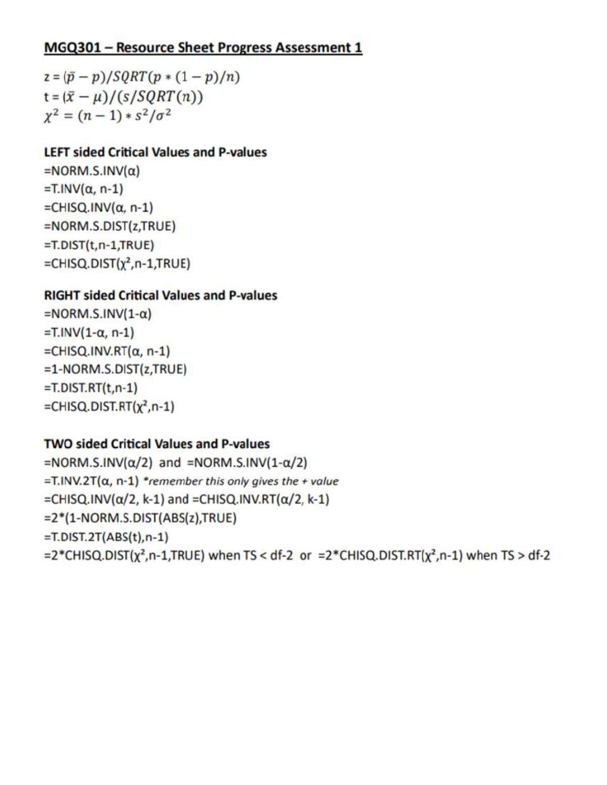 PA1 Resource Sheet - PA1 Equations - MGQ 301LEC - MGQ301 Resource Sheet ...