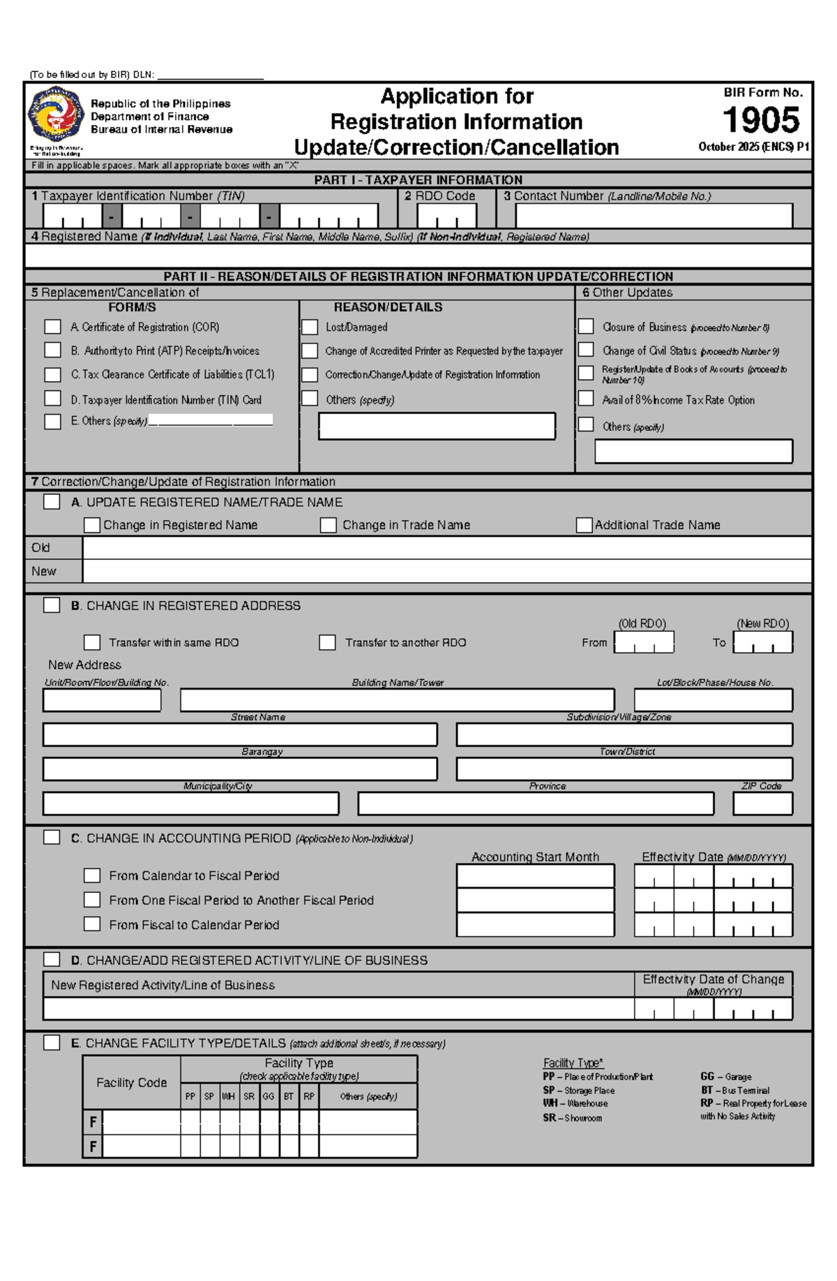 BIR Form No. 1905 Application for Registration (October 2025) - Studocu