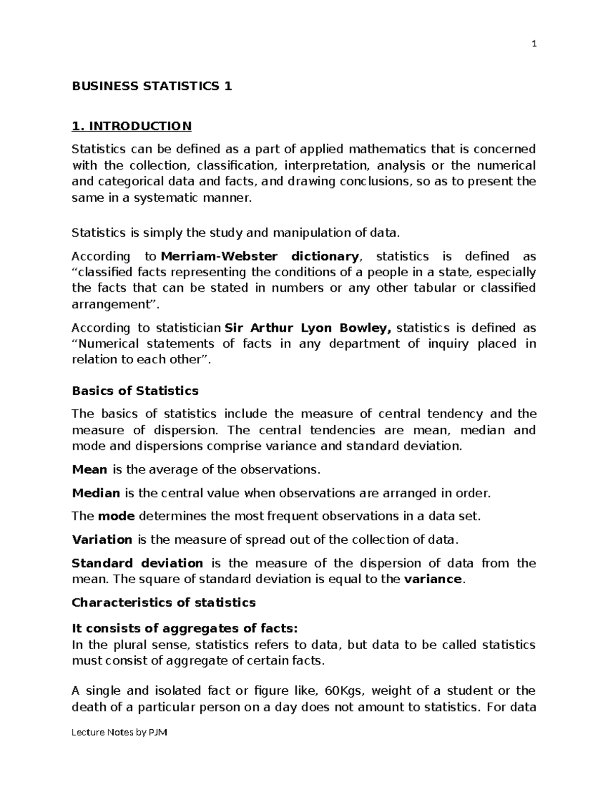 Business Statistics 1: Comprehensive Lecture Notes and Concepts - Studocu