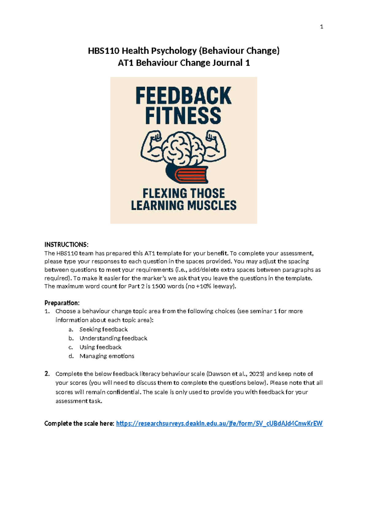 HBS110 Health Psychology AT1 Behaviour Change Journal Template T3 2025 ...