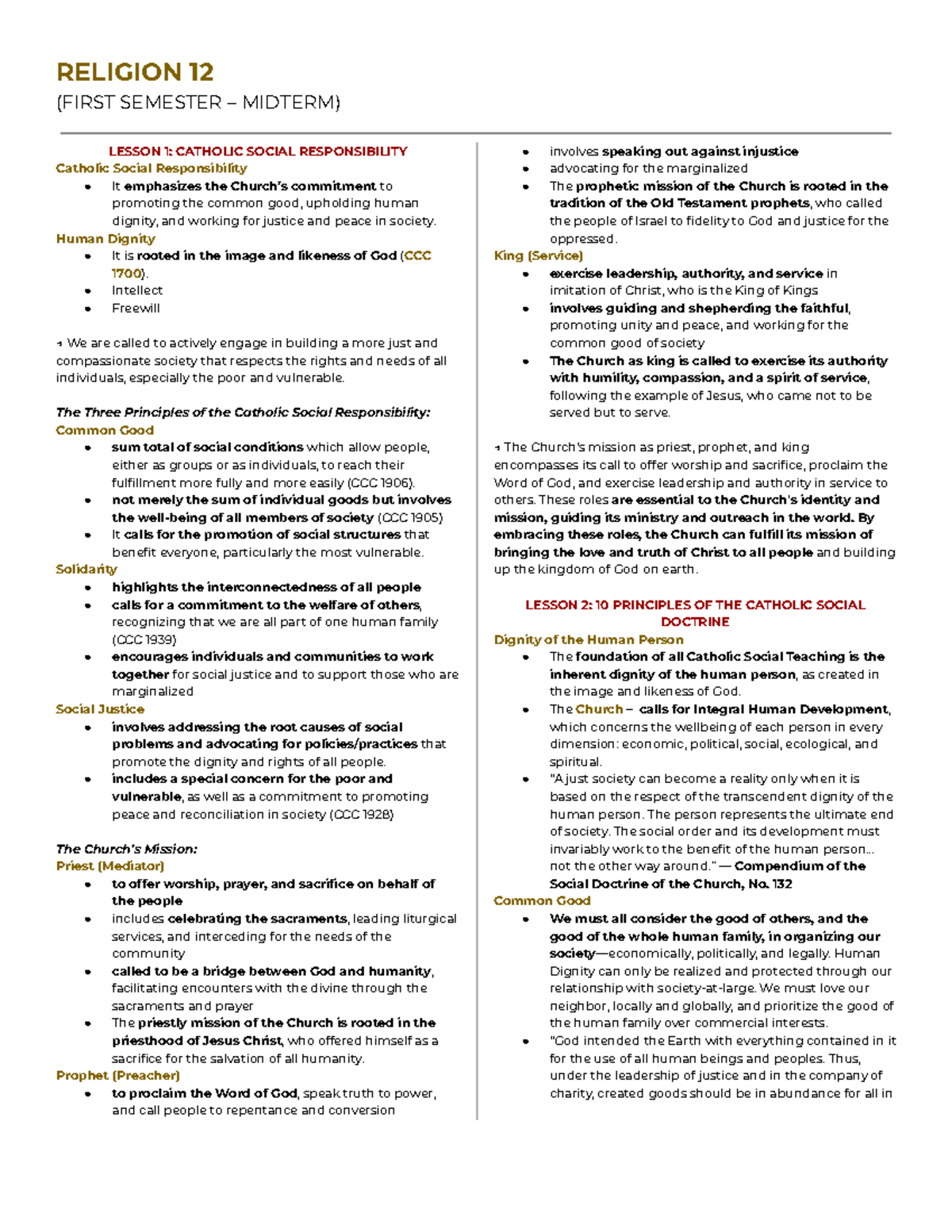 Religion 12 - First Semester - Midterm Lecture Notes on Catholic Social ...