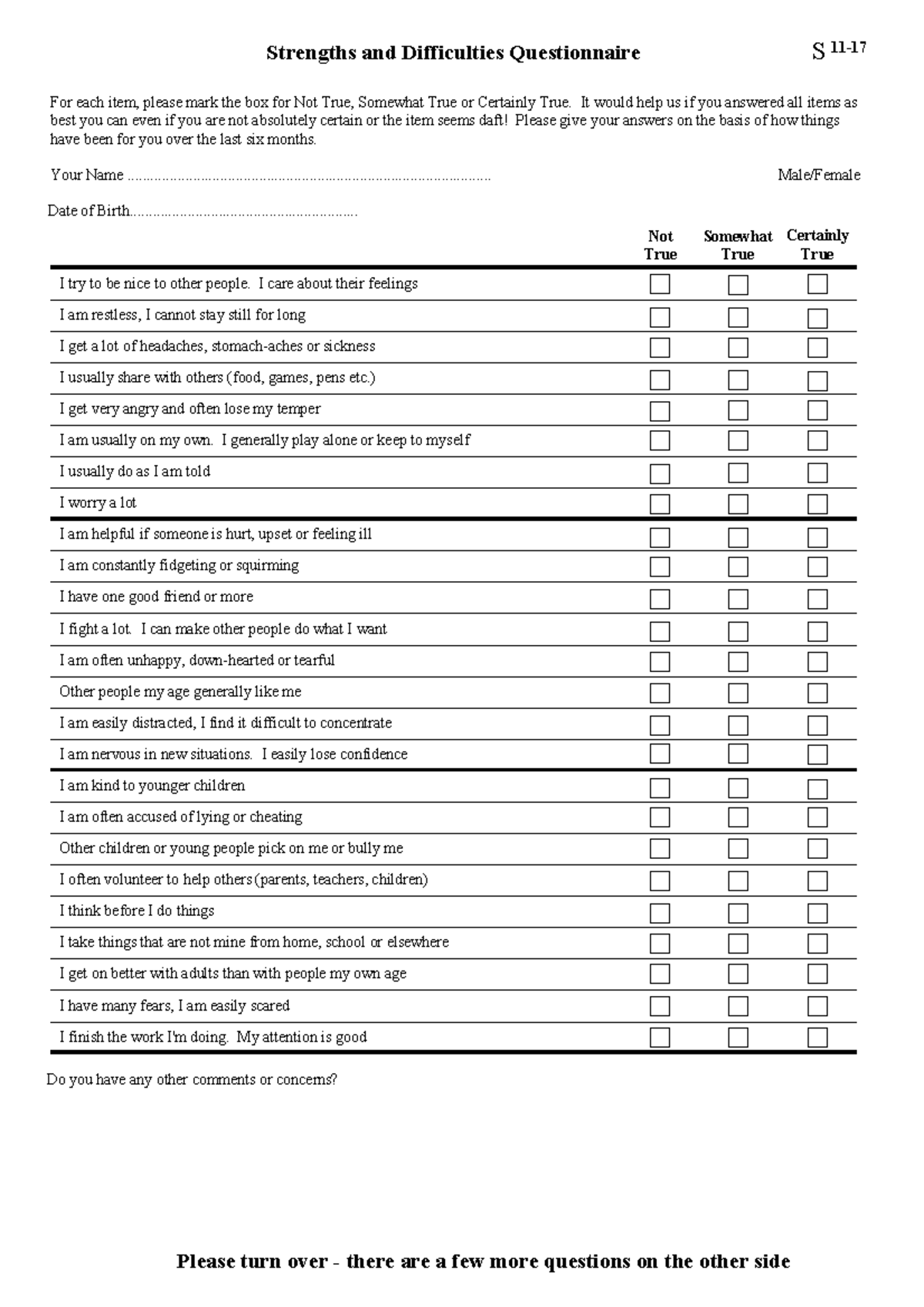 SDQ Child 11-17 Initial Assessment Questionnaire - Studocu