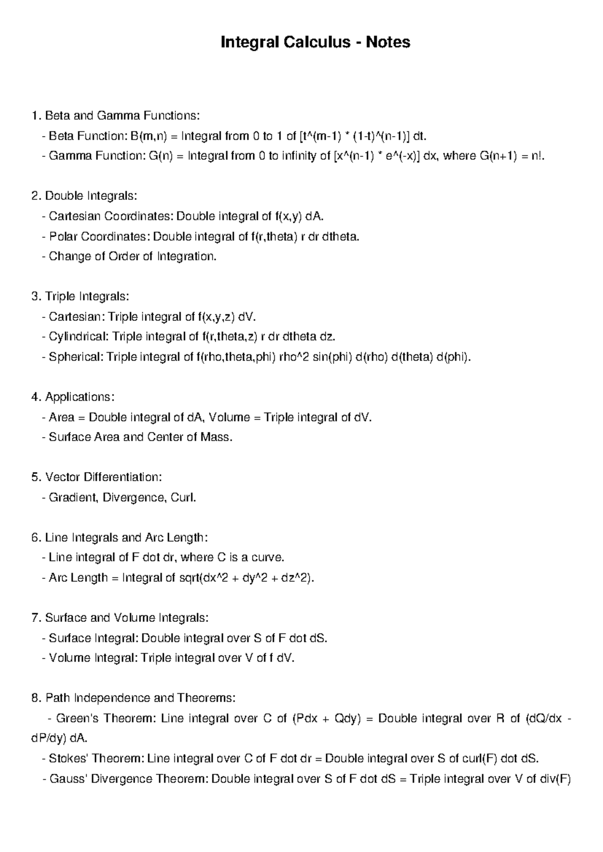 Integral Calculus Notes - Integral Calculus - Notes Beta and Gamma ...