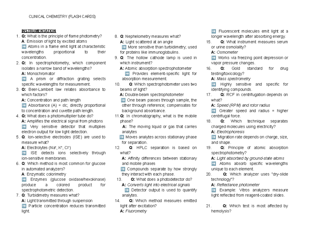 Clinical Chemistry Flash Cards: Key Concepts and Instrumentation - Studocu