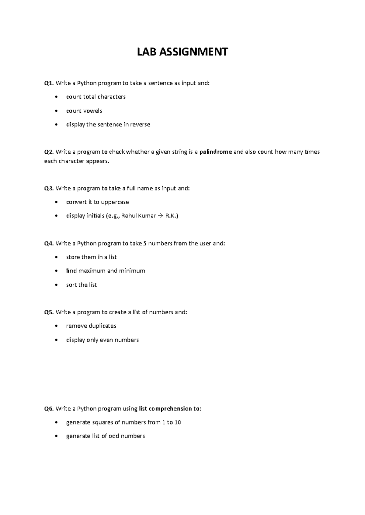 LAB ASSIGNMENT Q1-Q6: Python Programming Tasks - Studocu