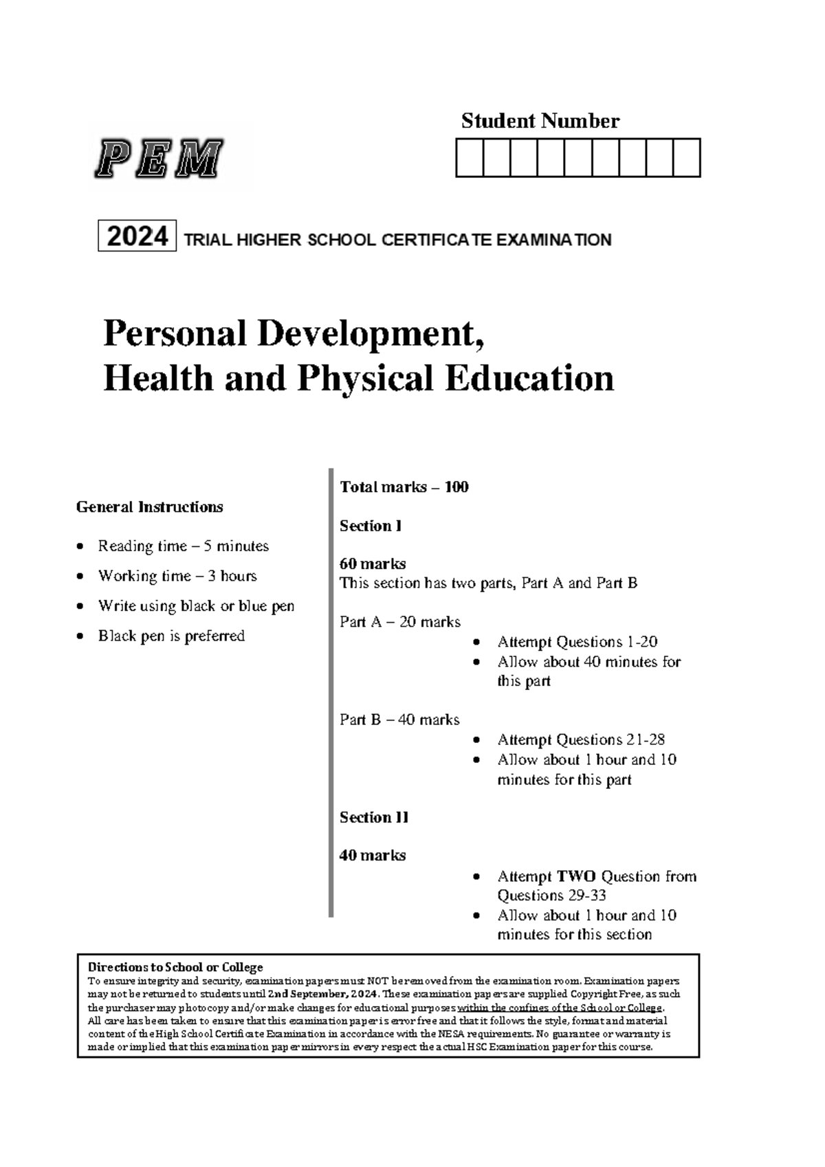 PEM 2024 PDHPE Trial HSC Exam Paper - Total Marks 100 - Studocu
