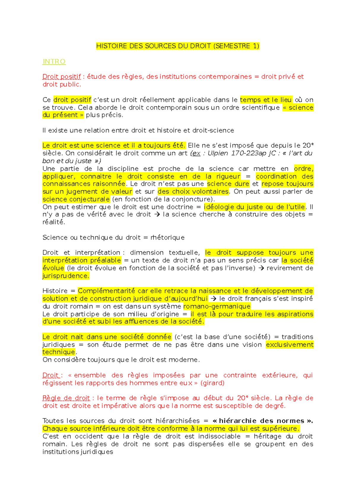HISTOIRE DES SOURCES DU DROIT (SEM 1) : Analyse et Évolution - Studocu
