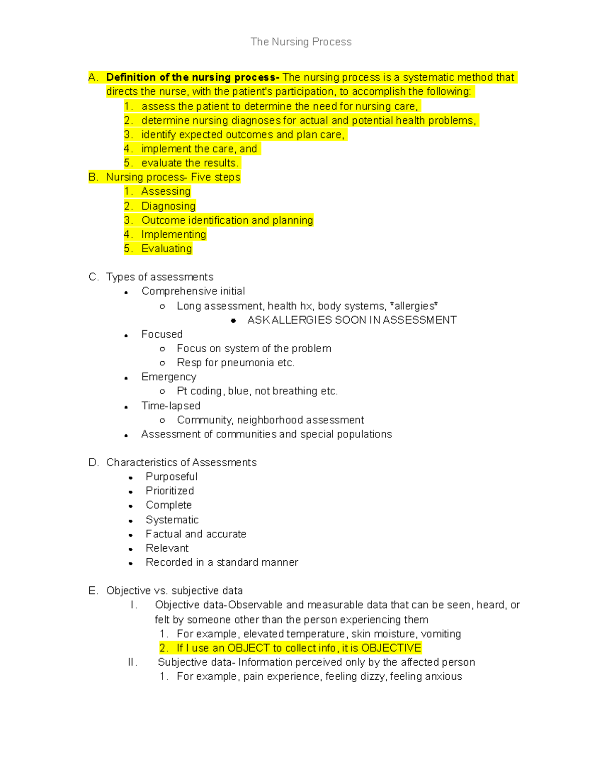 U1 Nursing Process - Unit 1 Lecture Notes with Key Exam Highlights ...
