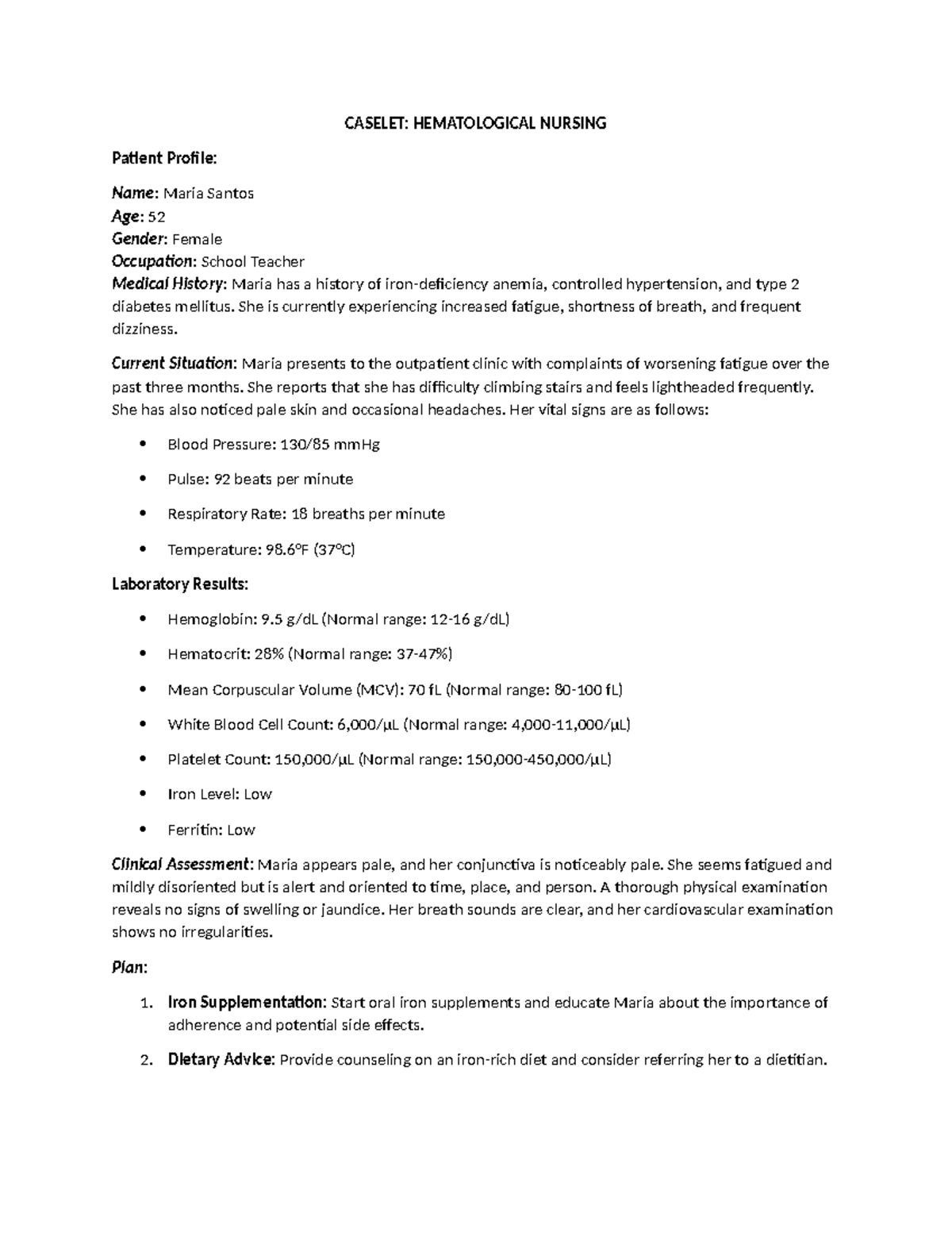 Caselet-HEMA - Mine - CASELET: HEMATOLOGICAL NURSING Patient Profile ...