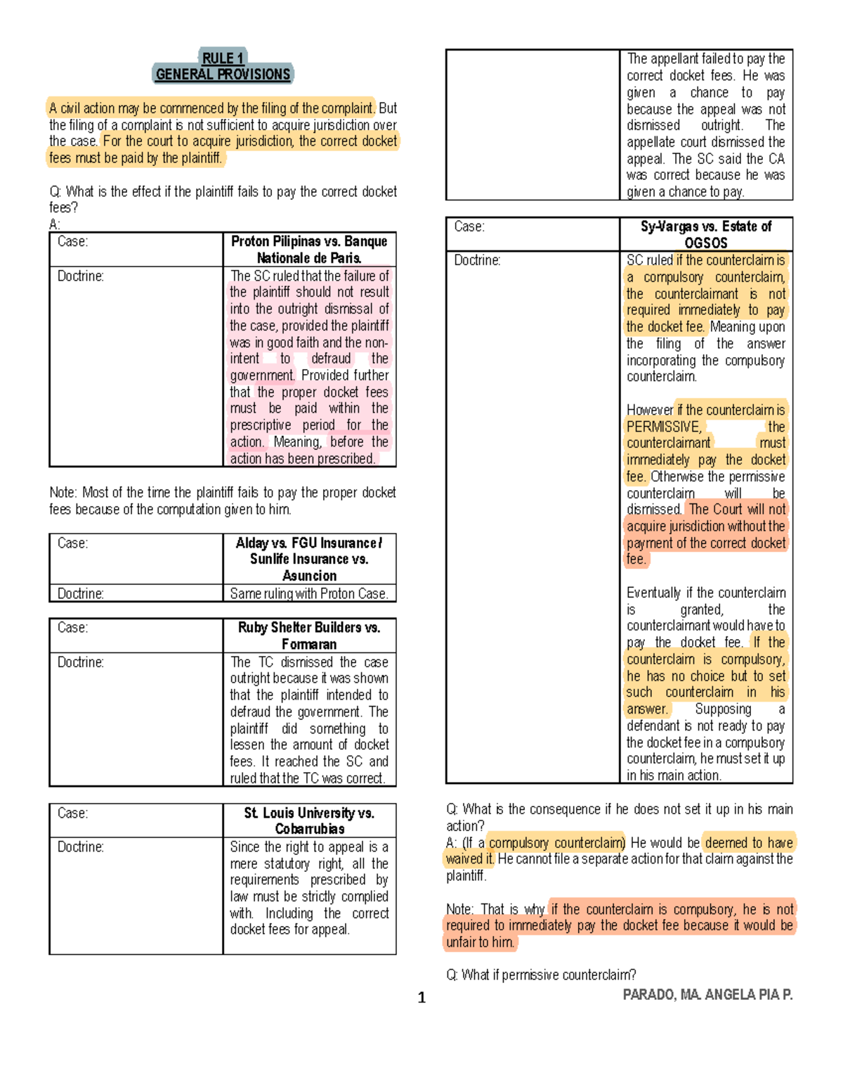 Civil Procedure Notes (LAW 101): Docket Fees & Jurisdiction Issues ...