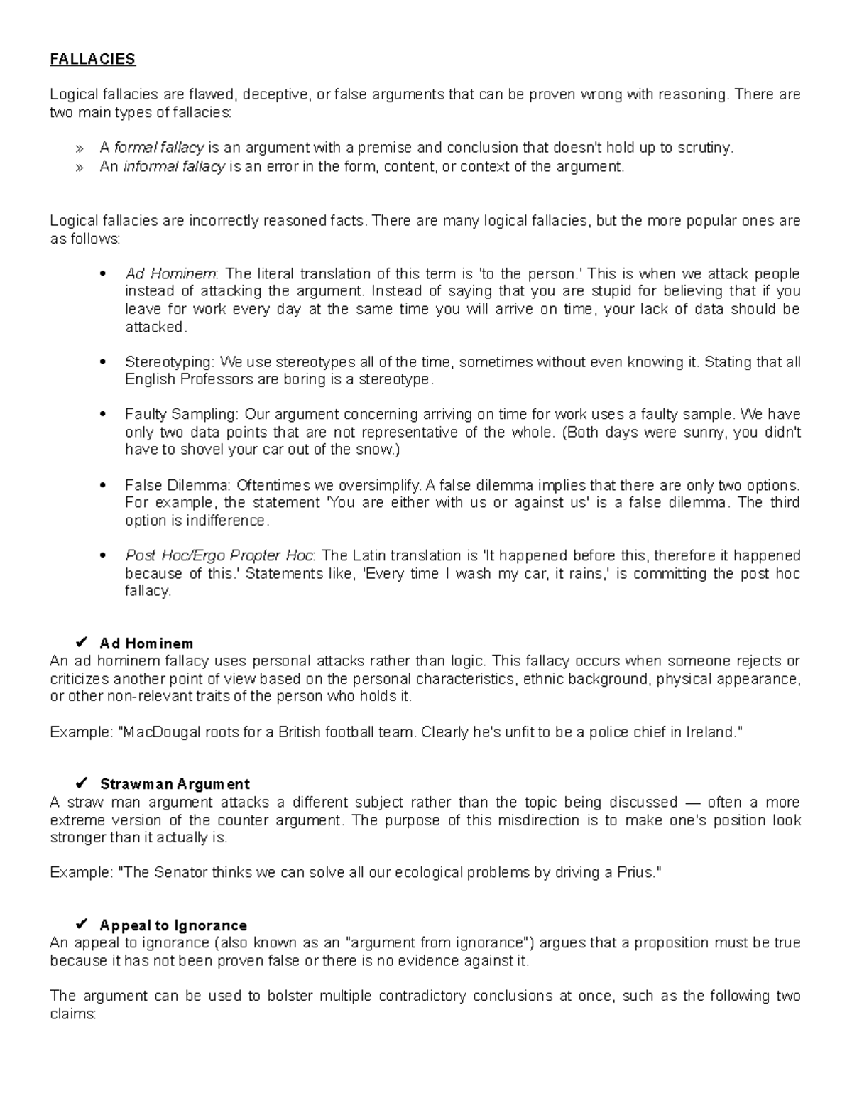Fallacies - ccc - FALLACIES Logical fallacies are flawed, deceptive, or ...
