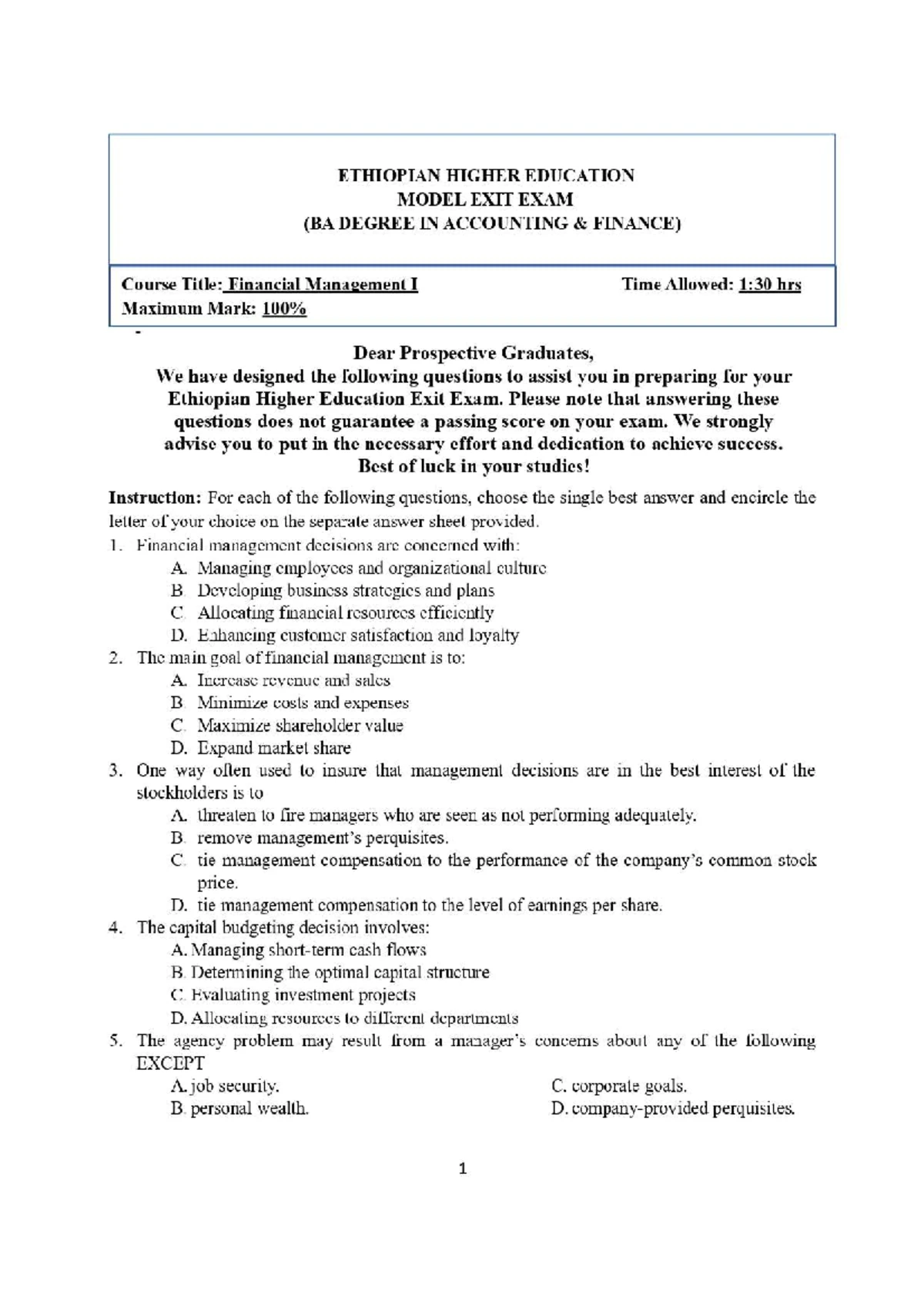 Financial Management II Model Exam Questions @2016 - Studocu