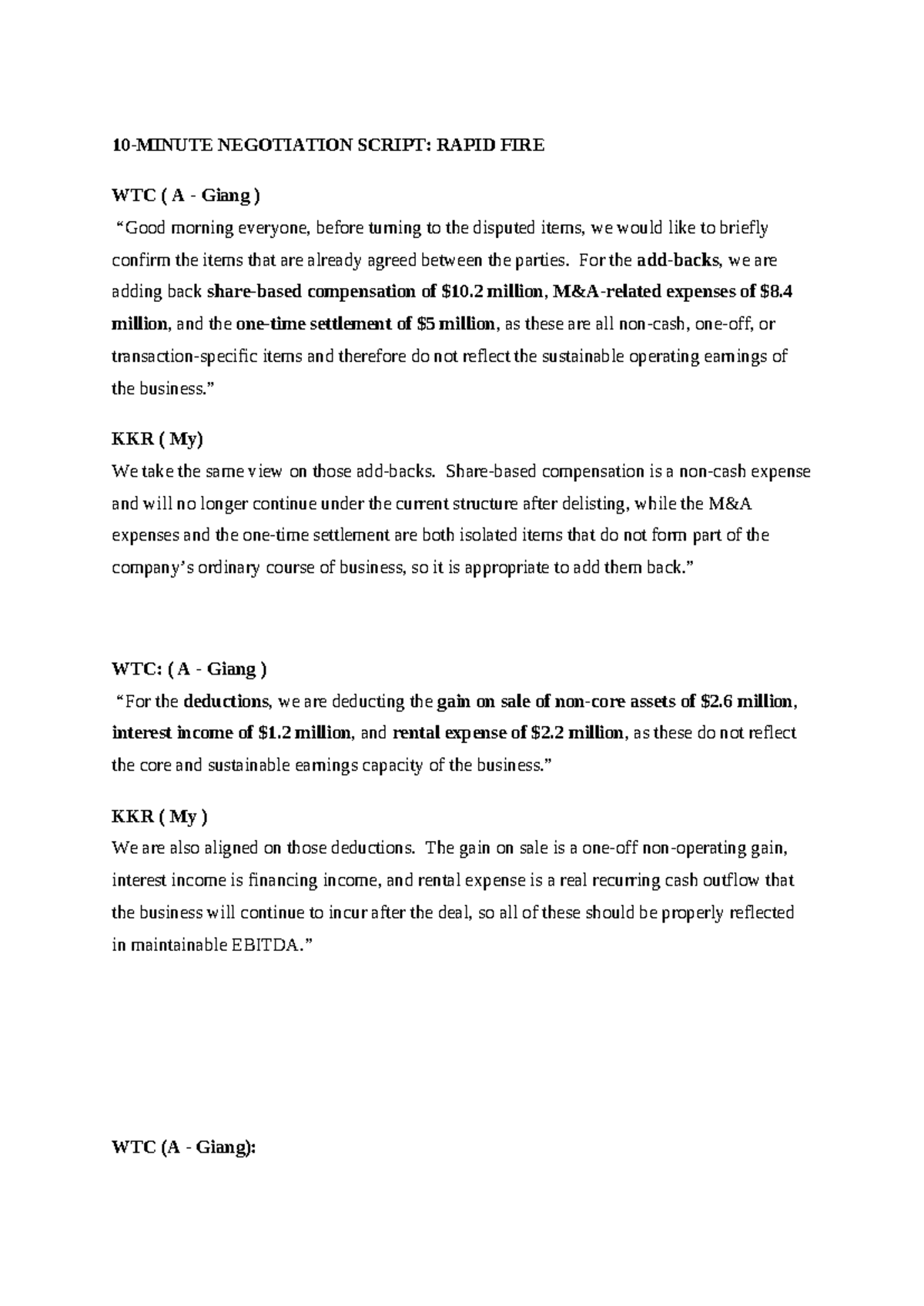QOE Negotiation Script: WTC Discussion on Financial Adjustments - Studocu