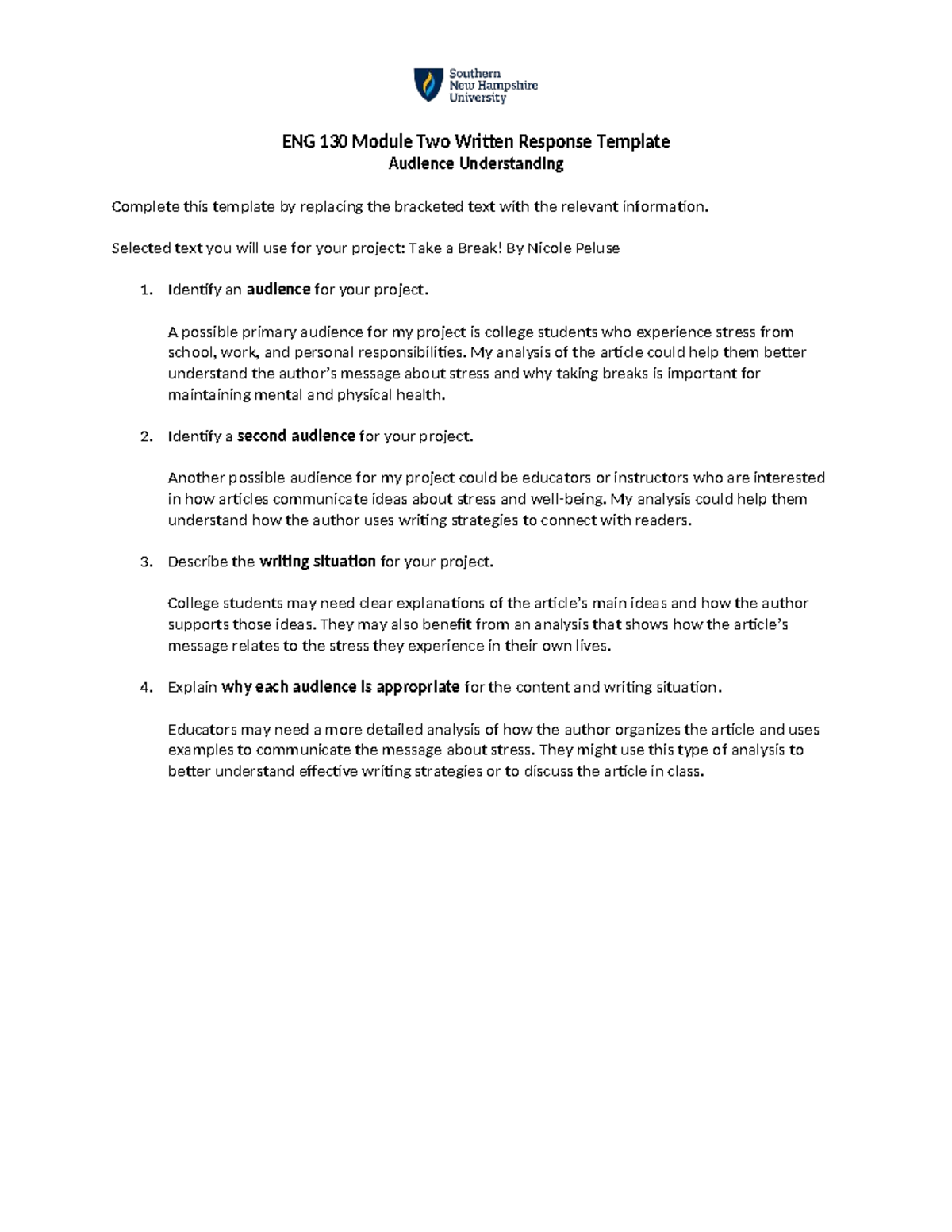 ENG 130 Module Two Written Response: Audience Analysis Template - Studocu