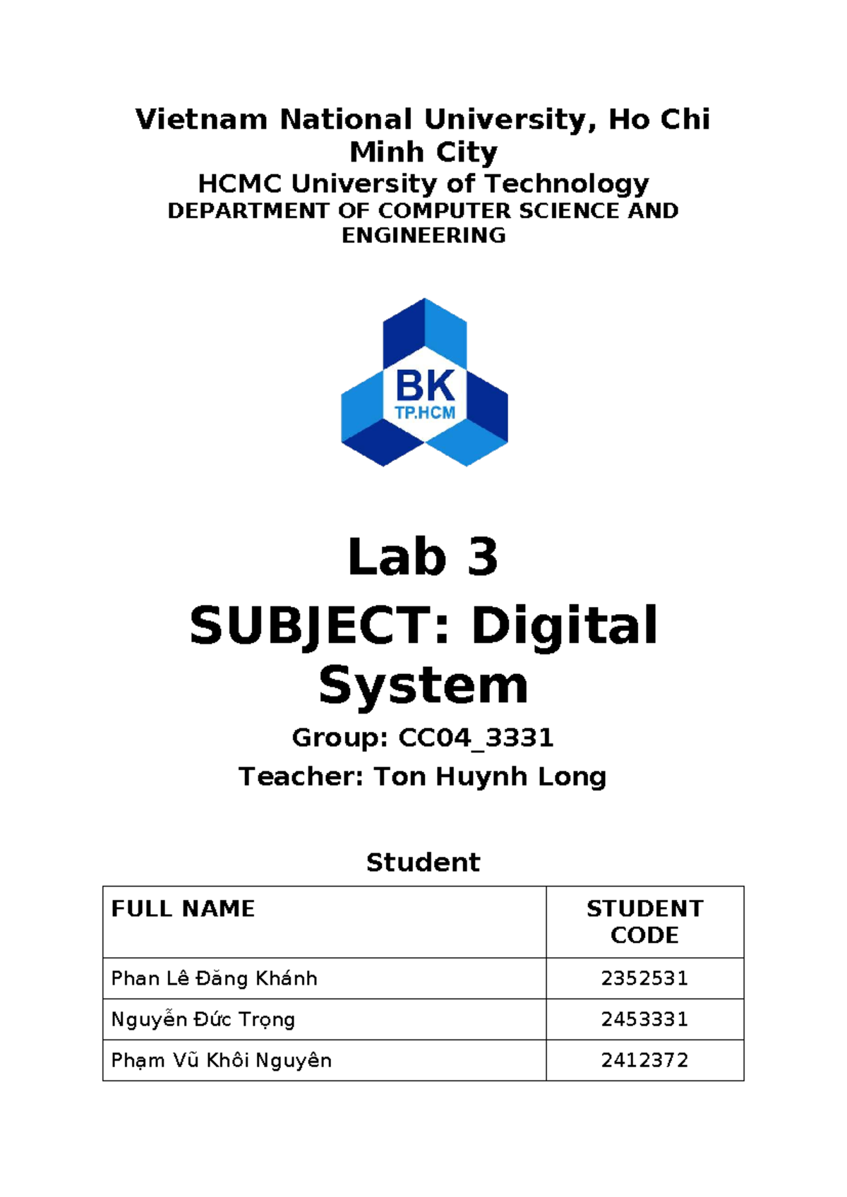 Lab 3: Digital System Design & Implementation - CC04 3331 - Studocu