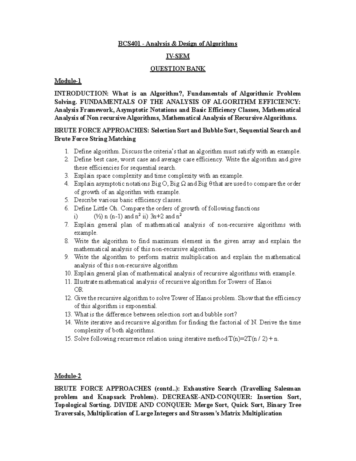 BCS401 Question Bank: Analysis & Design of Algorithms (All Modules ...
