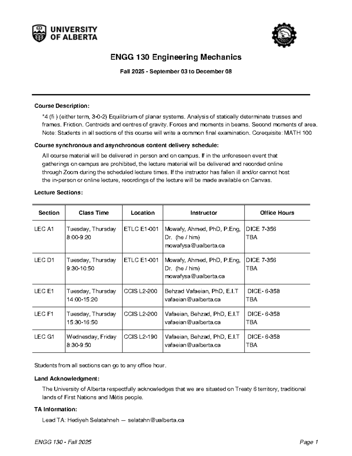 ENGG 130 Engineering Mechanics Syllabus Fall 2025 - Studocu