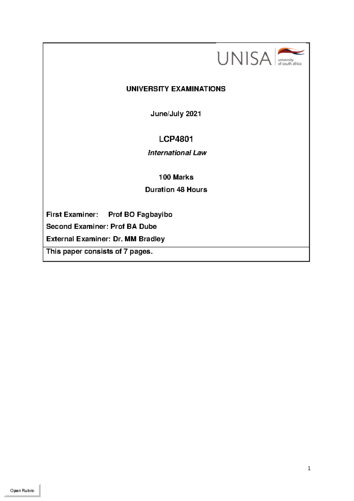 LCP4801 June-July 2021 Final Exam Question Paper on International Law ...