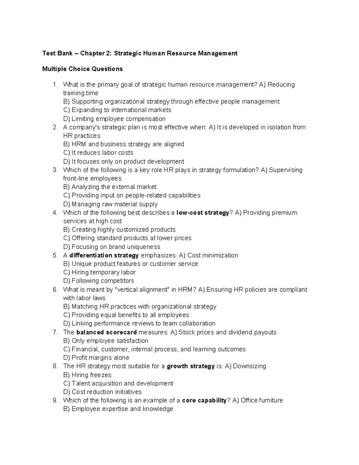 Test Bank CH2: Strategic Human Resource Management MCQs - Studocu