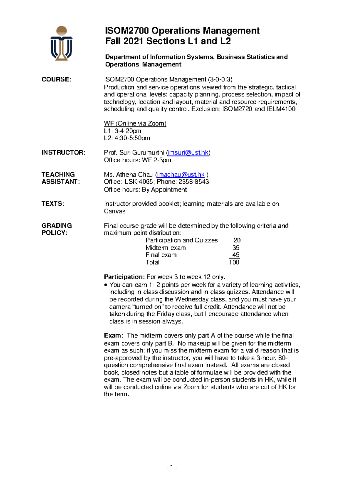 ISOM2700 F21 - Operations Management Syllabus for L1 & L2 - Studocu