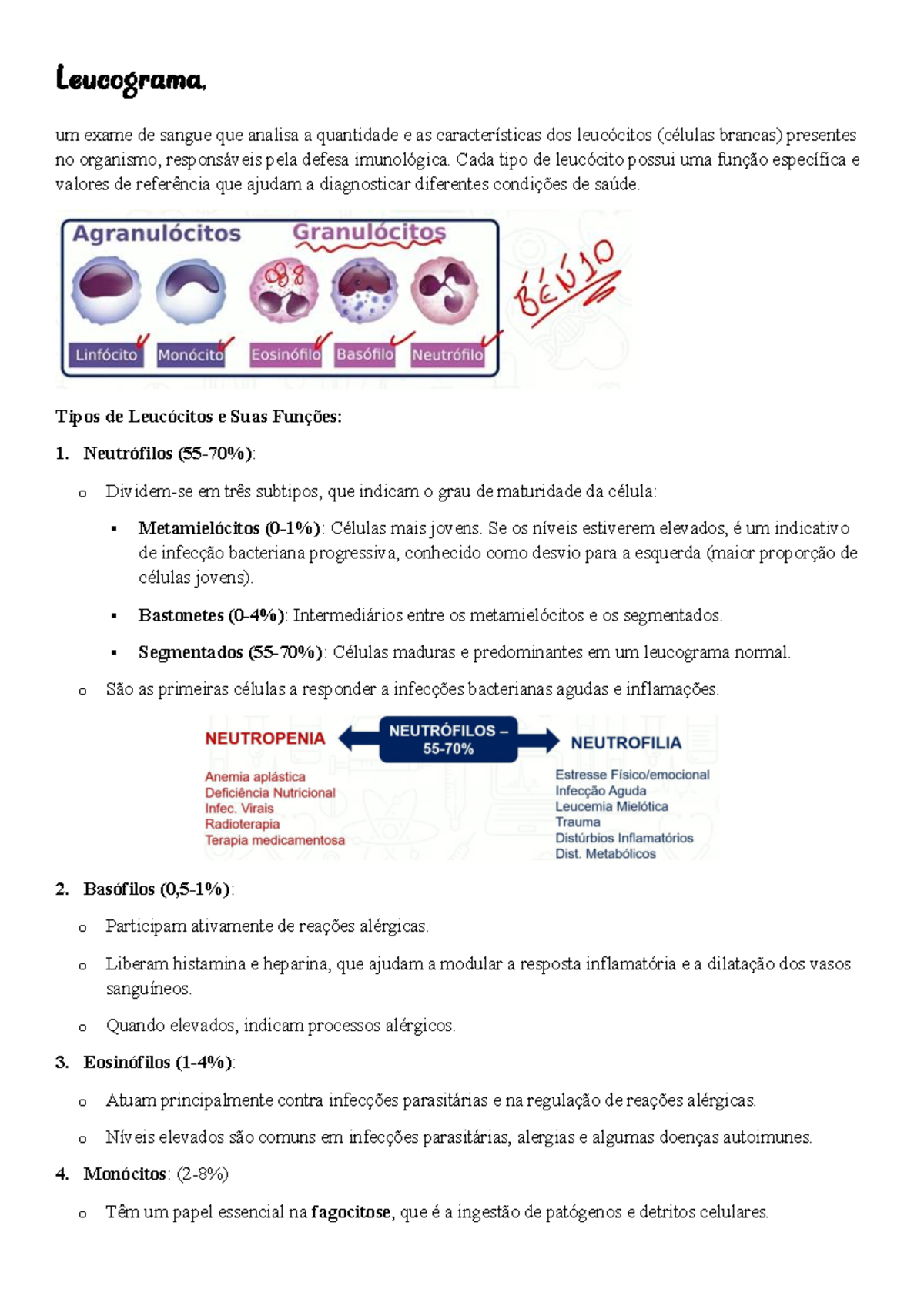 Análise do Leucograma: Tipos de Leucócitos e Significado Clínico - Studocu