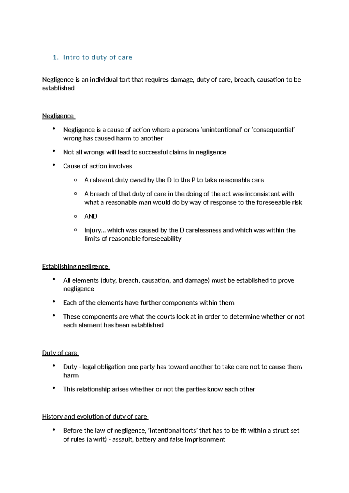 Lecture Notes: Duty of Care & Negligence (LAW101) - Studocu