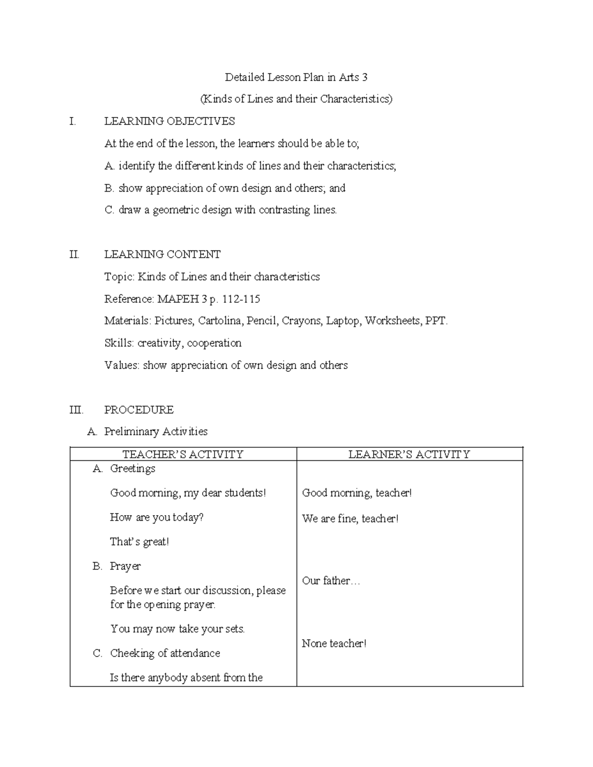 Detailed Lesson Plan in Arts 3: Kinds of Lines & Characteristics - Studocu