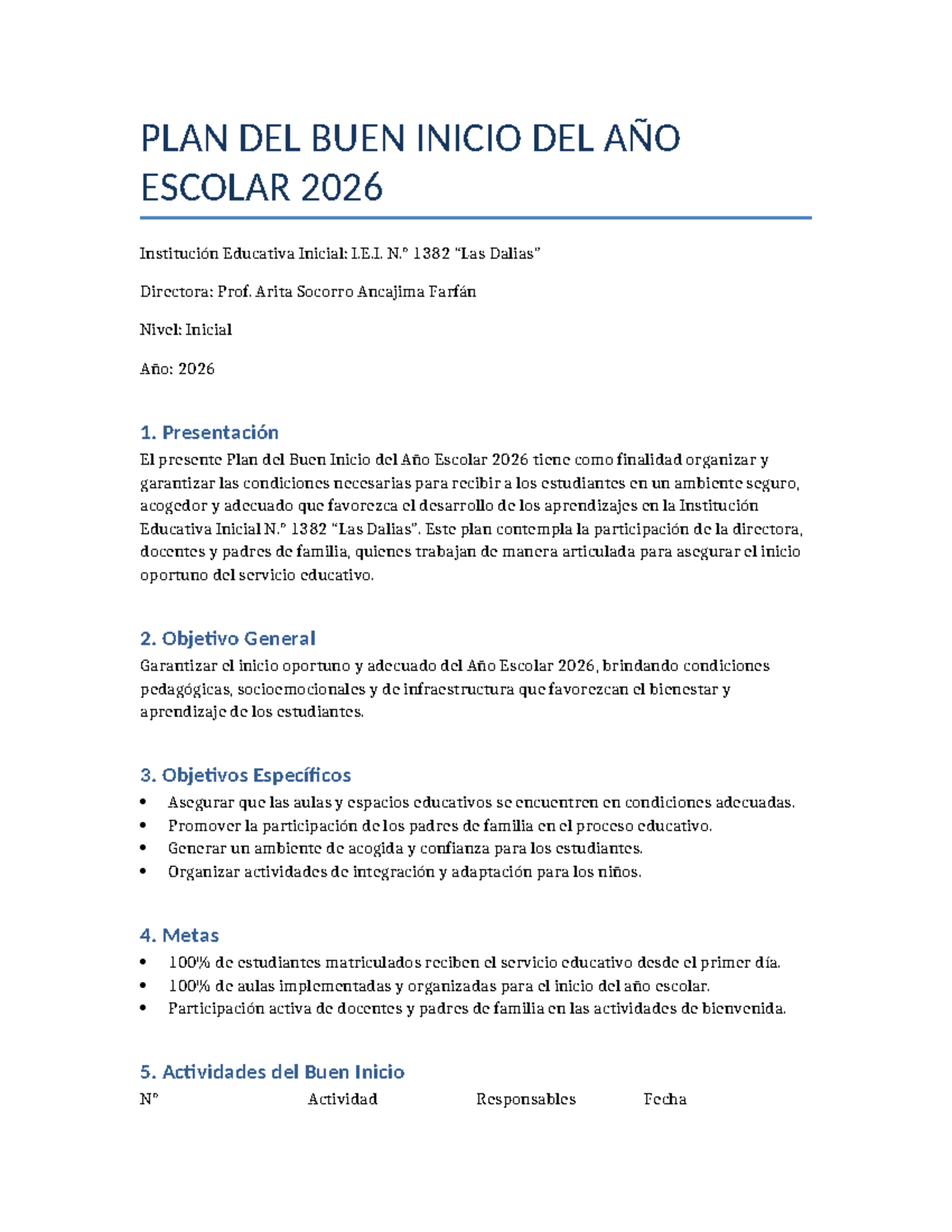 Plan del Buen Inicio del Año Escolar 2026 - I.E.I. 1382 - Studocu