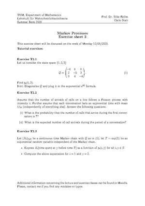 TUM Math 2025: Markov Processes Exercise Solutions Sheet 1 - Studocu