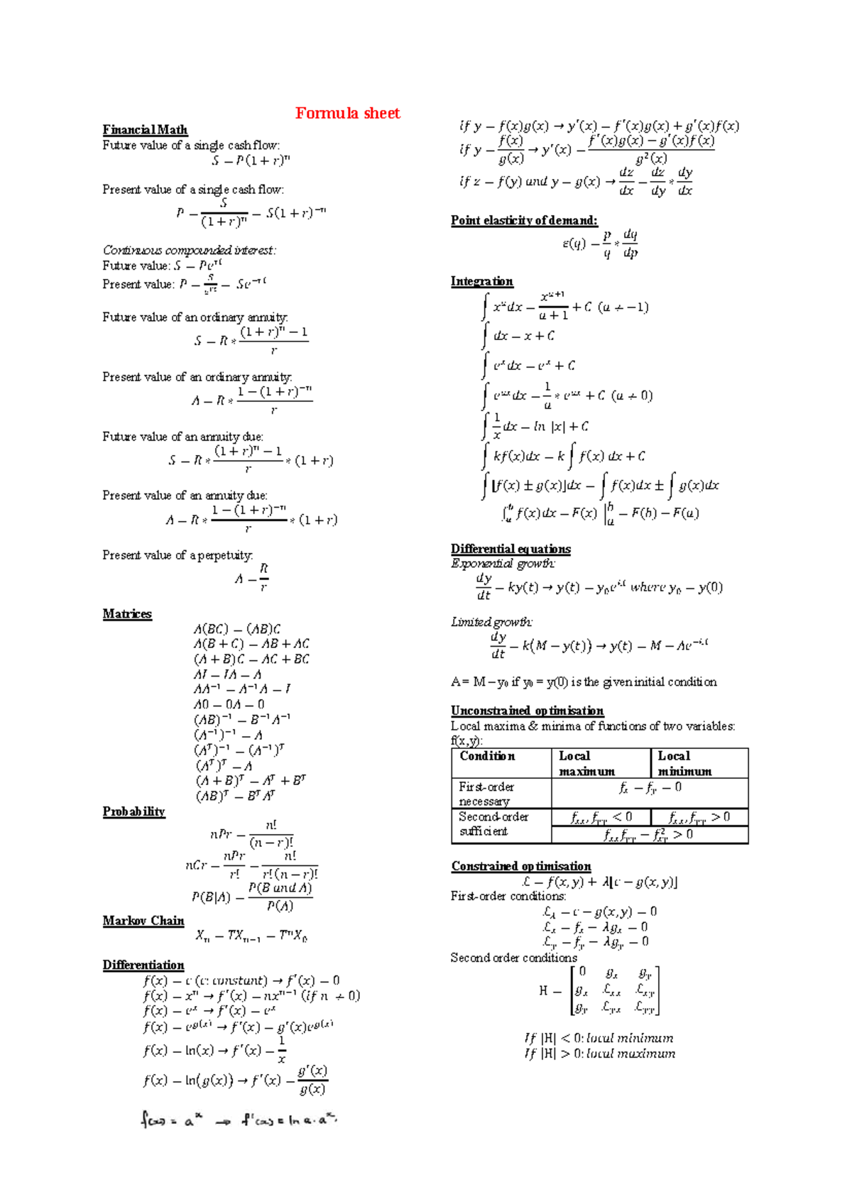 ECON1202 Formula Sheet: Financial Math & Optimization Concepts - Studocu