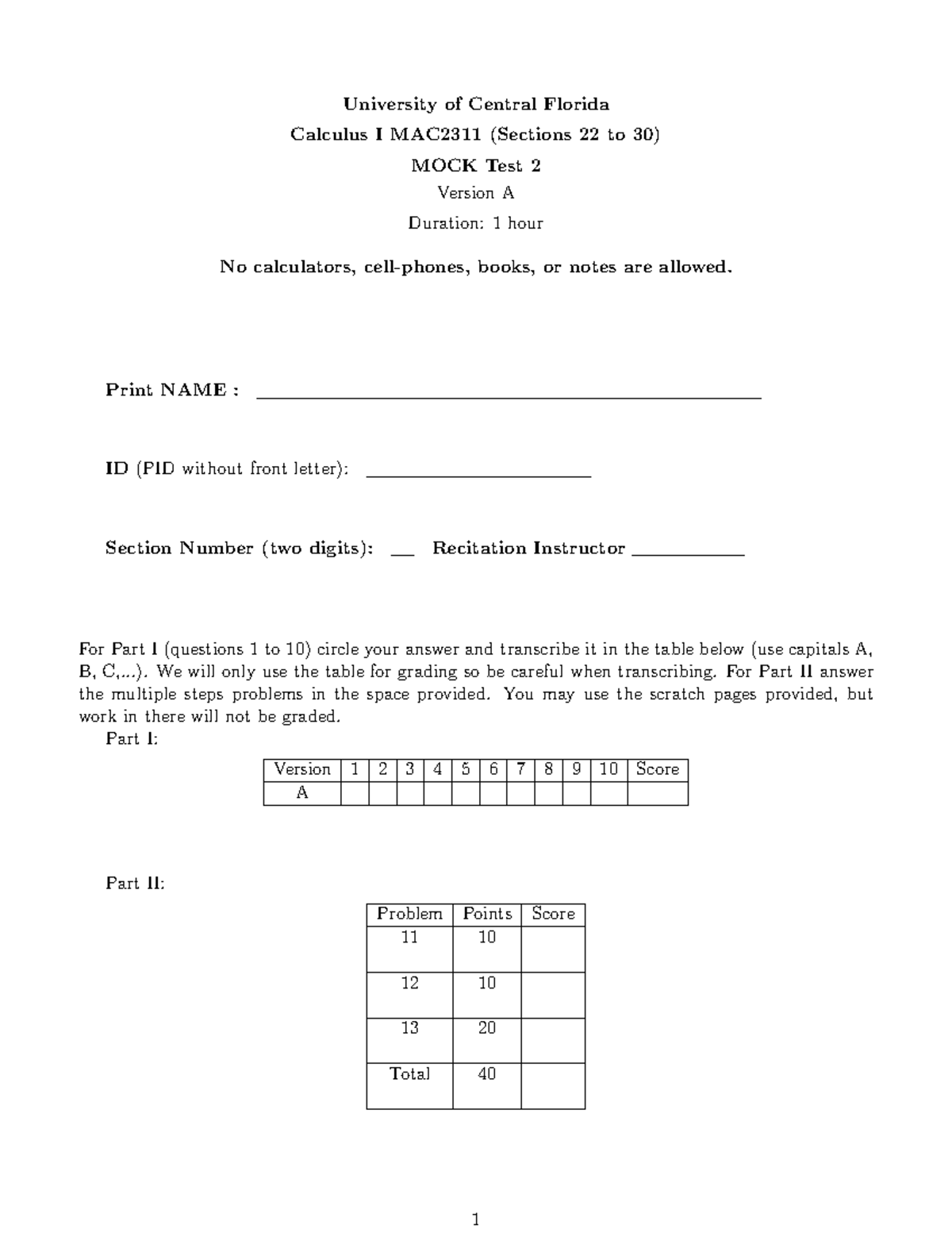UCF MAC2311 Calculus I Mock Test 2 Version A - No Resources Allowed ...