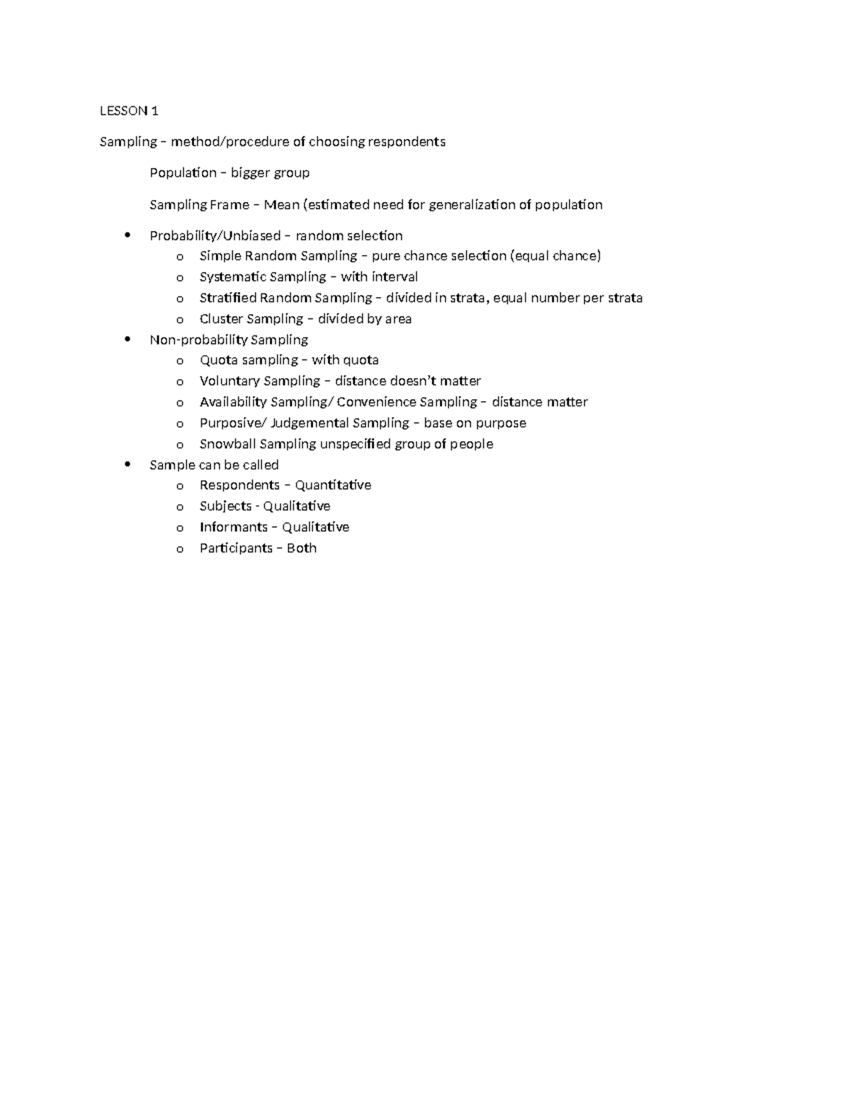 Lesson 1 - Learner's Material - LESSON 1 Sampling – method/procedure of ...