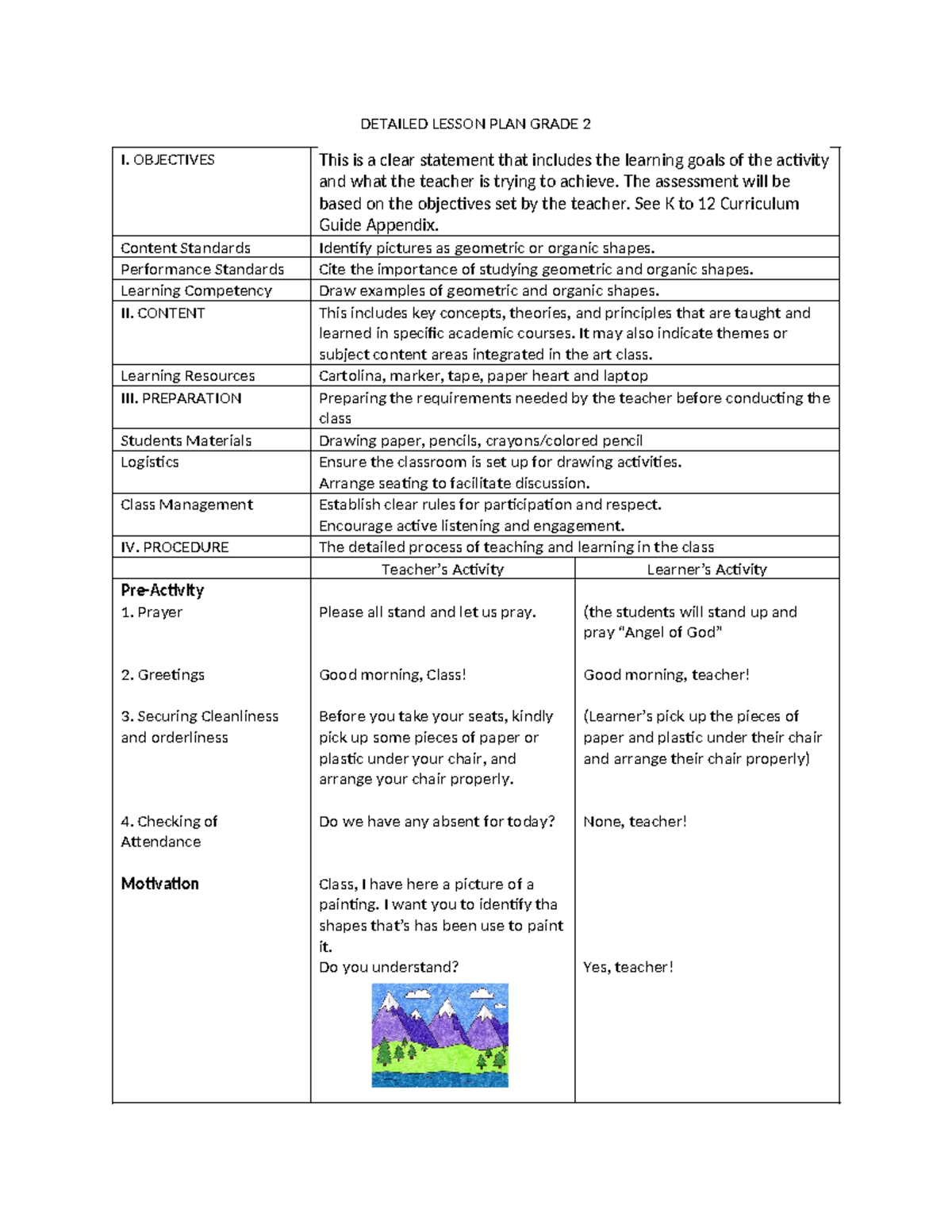 DLP GRADE 2 ARTS: Geometric & Organic Shapes Lesson Plan - Studocu