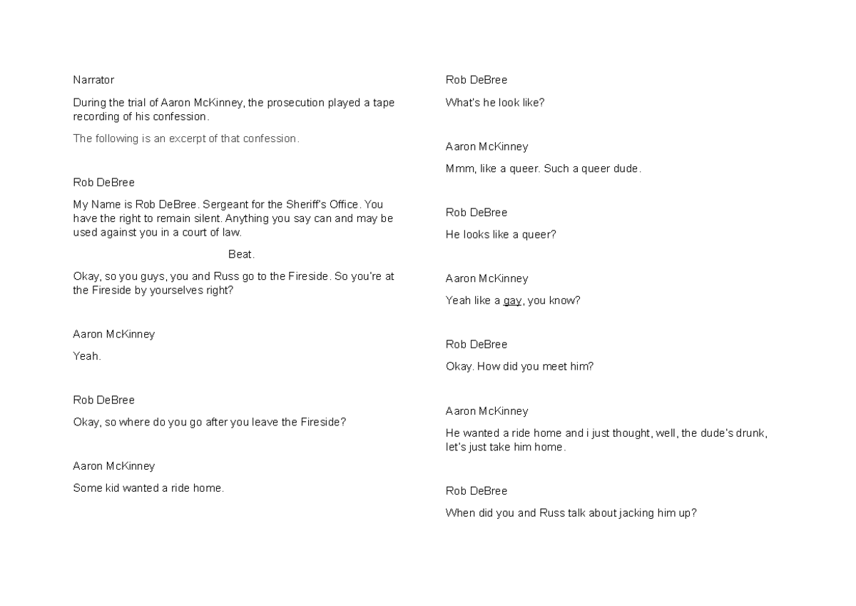 Laramie Script Analysis: The Aaron McKinney Trial Excerpt - Studocu