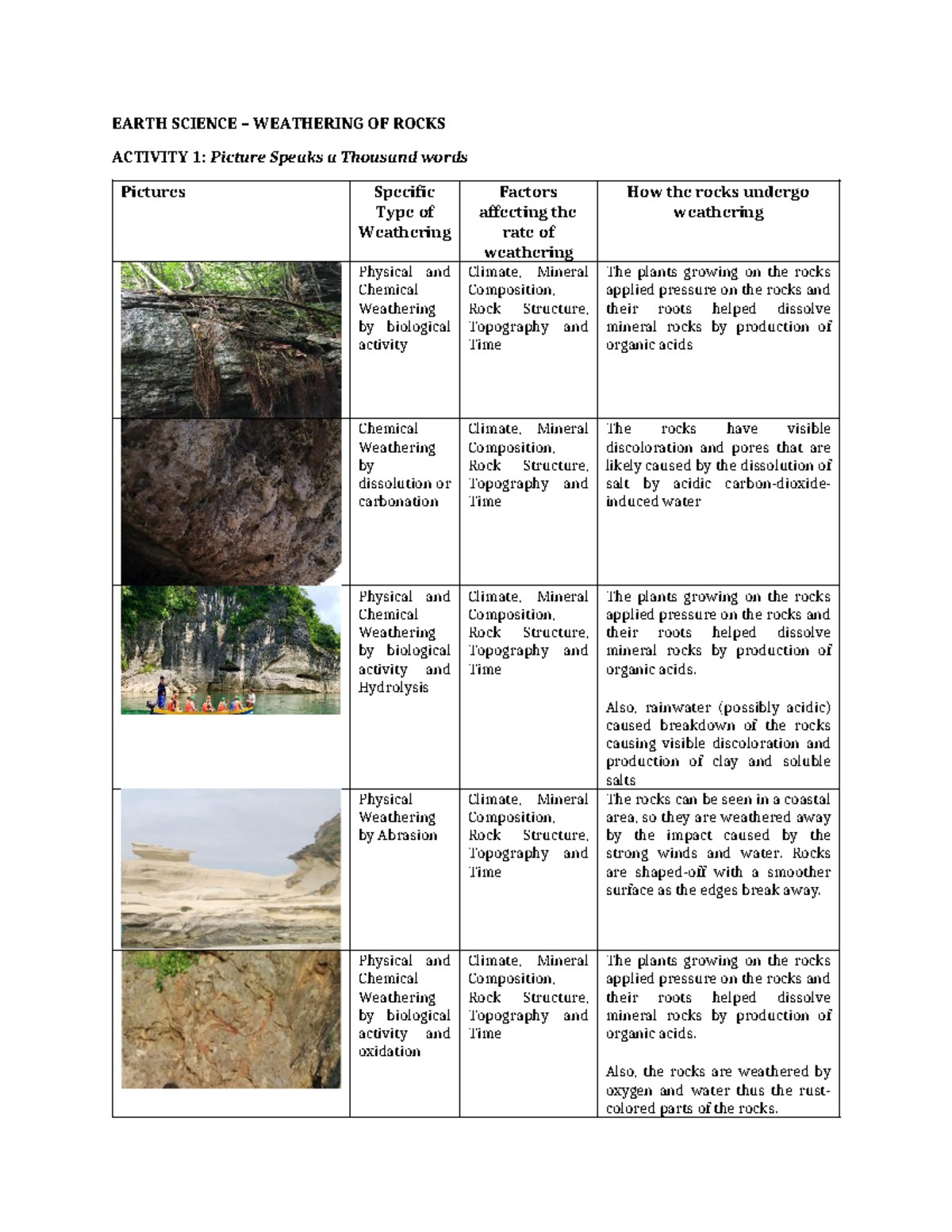 Earth- Science week 1-2 - EARTH SCIENCE – WEATHERING OF ROCKS ACTIVITY ...