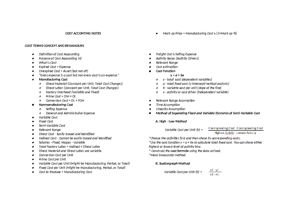 COST ACCOUNTING NOTES: Key Concepts and Cost Analysis Techniques - Studocu