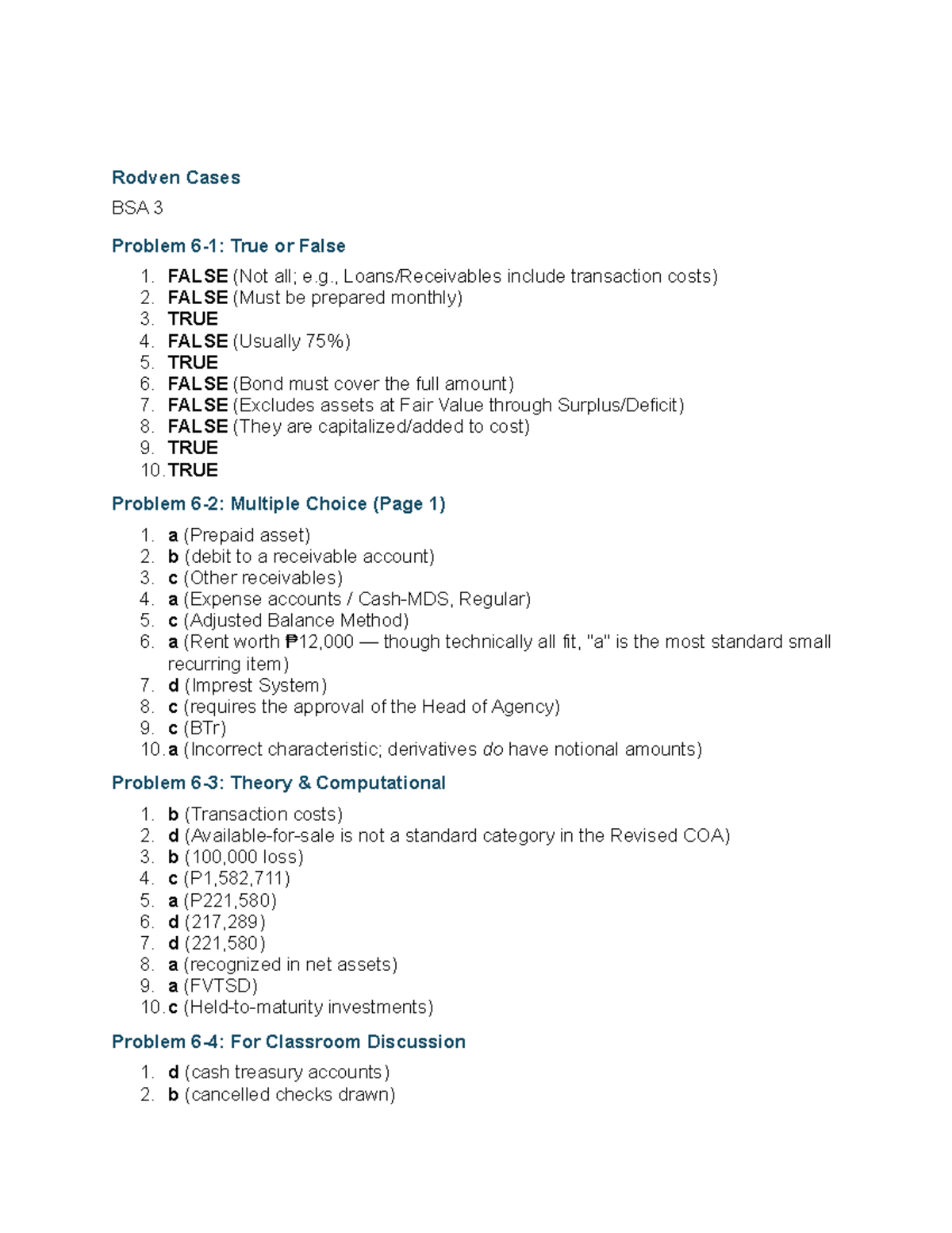 Rodven Cases BSA 3 Assignment: True/False & MCQ Problems - Studocu