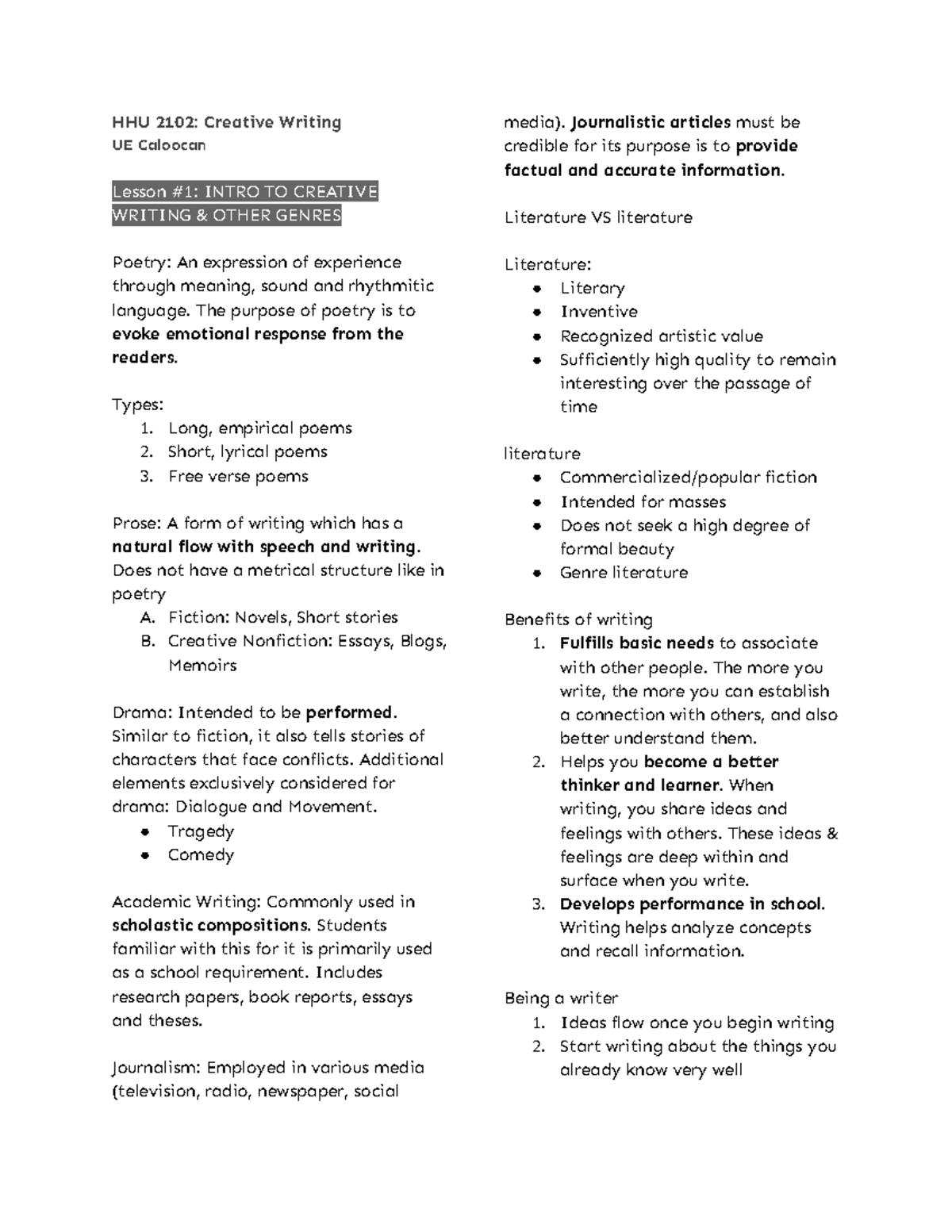 HHU 2102: Creative Writing UE Caloocan QT1 Reviewer on Poetry and ...