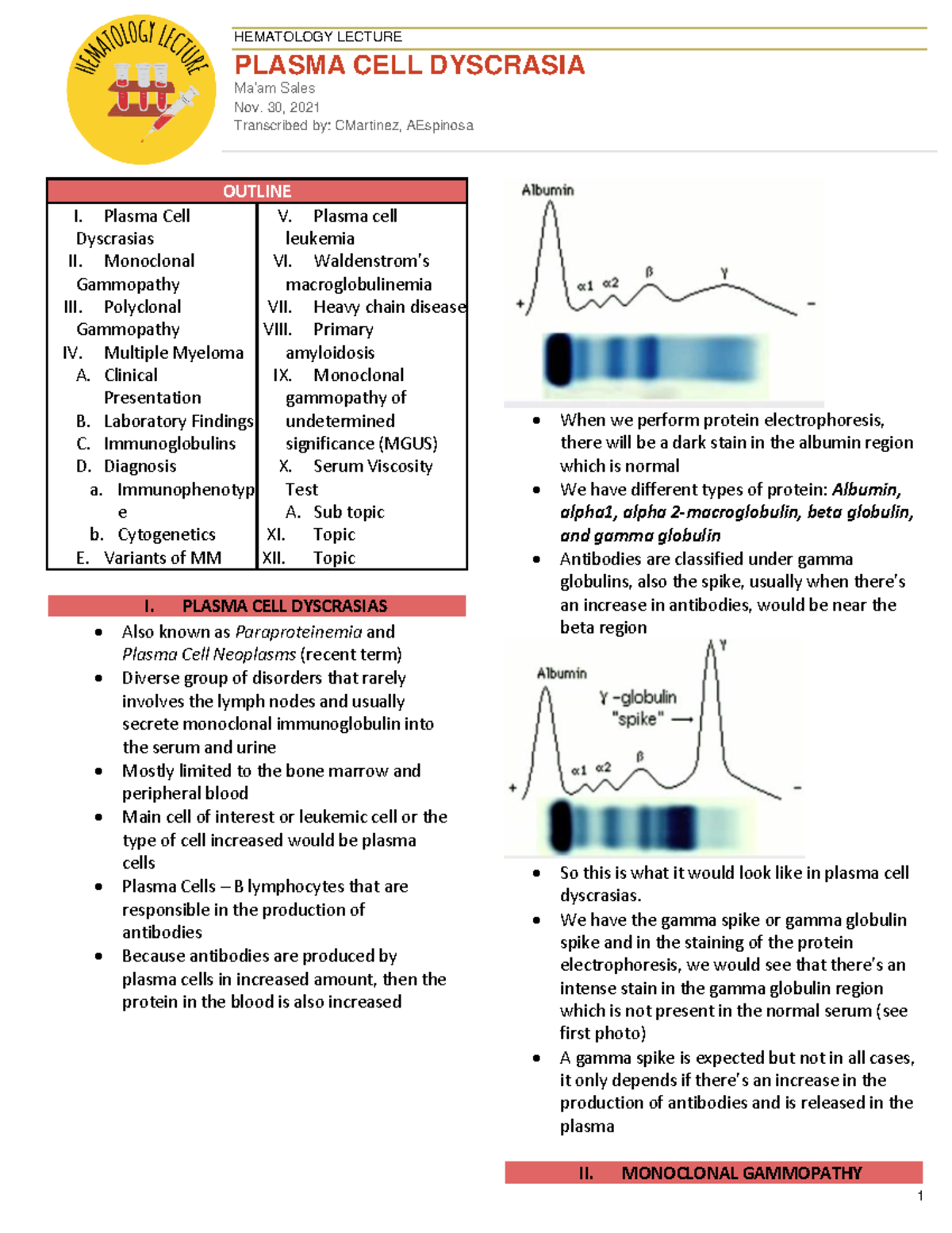 Hematology Lecture Notes on Plasma Cell Dyscrasias (Med 101) - Studocu