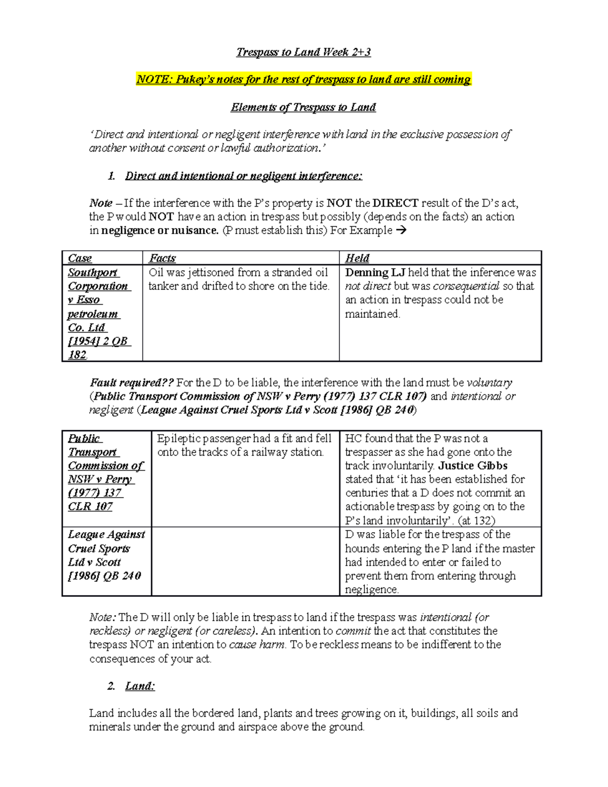 Summary of Key Elements in Trespass to Land - LAW 101 Notes - Studocu