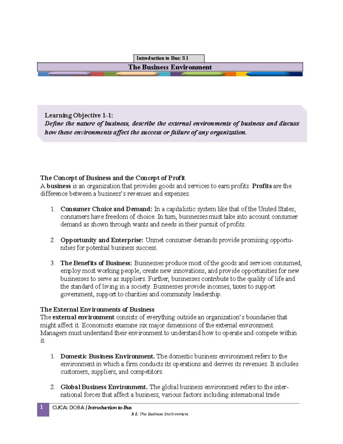 S 1 - The Business Environment - Learning Objective 1-1: Define the ...