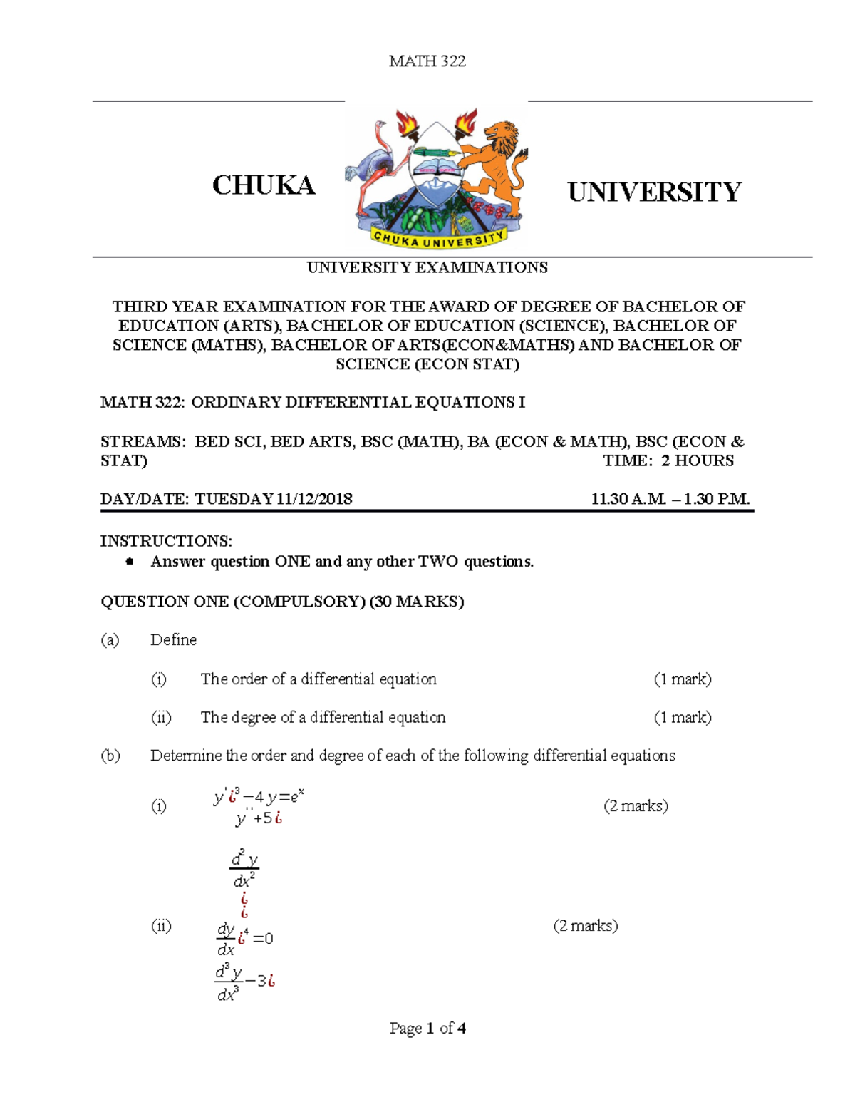 MATH 322 - Final Exam Study Notes on Ordinary Differential Equations I ...